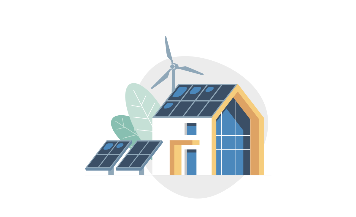 Graphic image, more of a collage, really of a house with solar panels, stand-alone solar panels, a windmill, and two giant leaves.