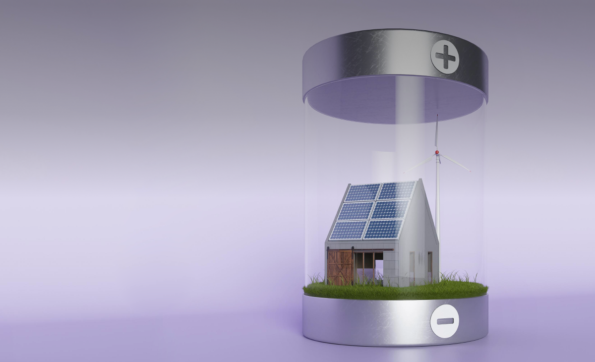 Digital illustration of a home inside a battery with clear walls.