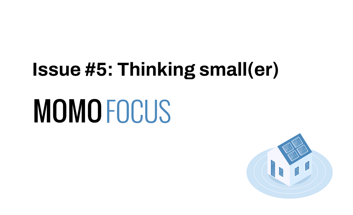 Momo Focus graphic -- a small blue and white house on a white background -- with the headline "Thinking small(er)".