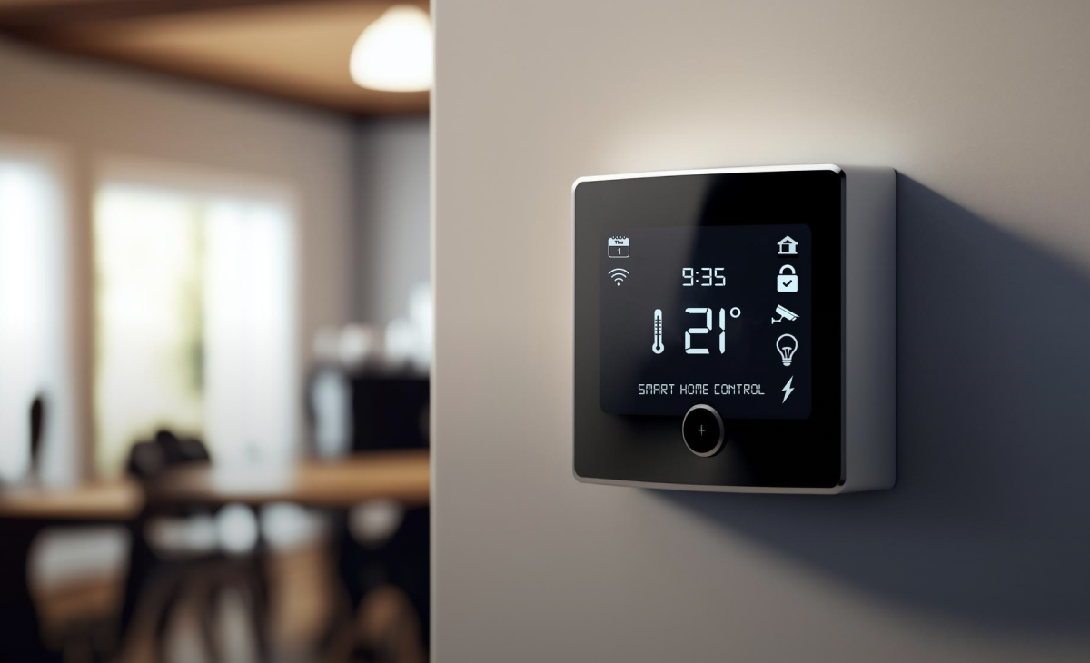 Photo of a sleek-looking smart thermostat mounted on a wall in a home.