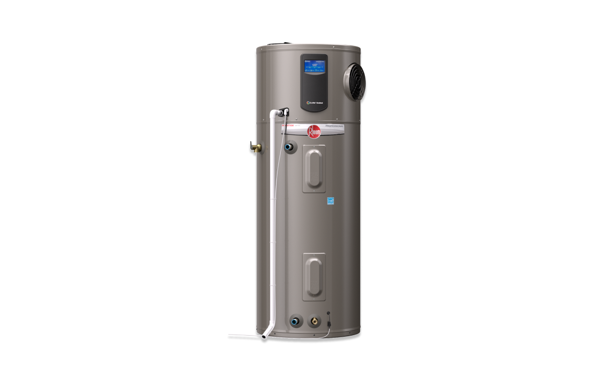 Illustration of a silver heat pump water heater on a white background.