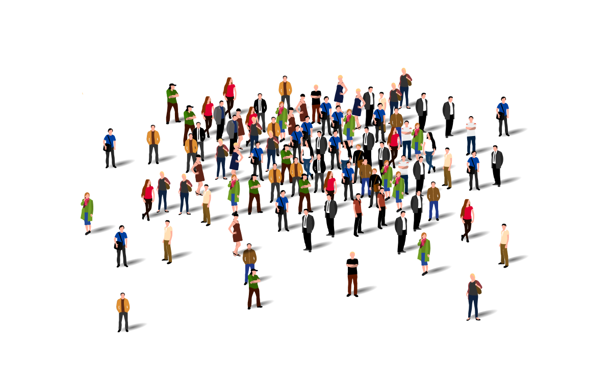 Graphic image of a bunch of people wandering chaotically around a flat, white landscape.