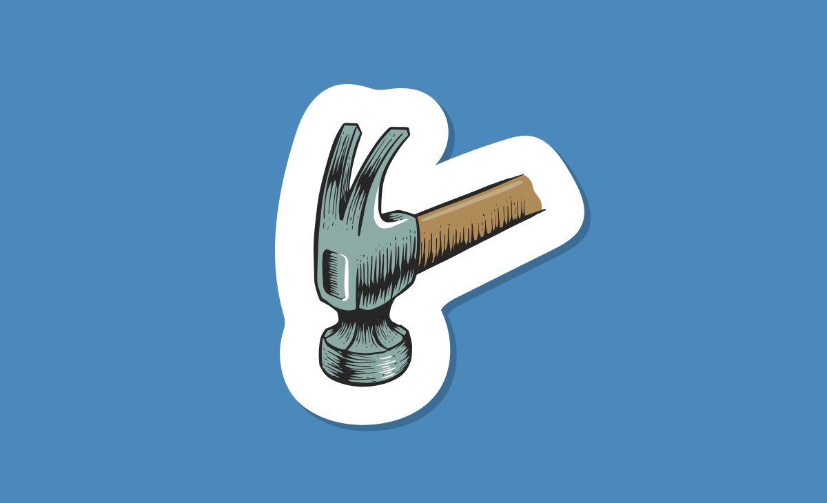 Graphic illustration of a hammer on a blue background.