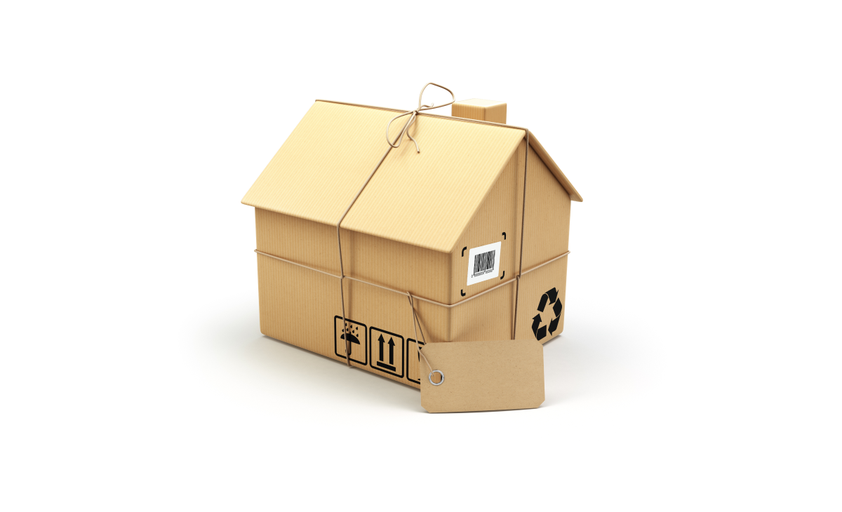 Digital illustration of a home wrapped in light-brown paper and tied with string, as if for shipping.