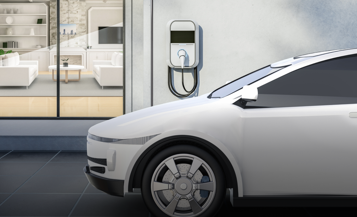 Digital image of an electric vehicle charging in front of a home's sliding glass door, through which you can see a modern living room.